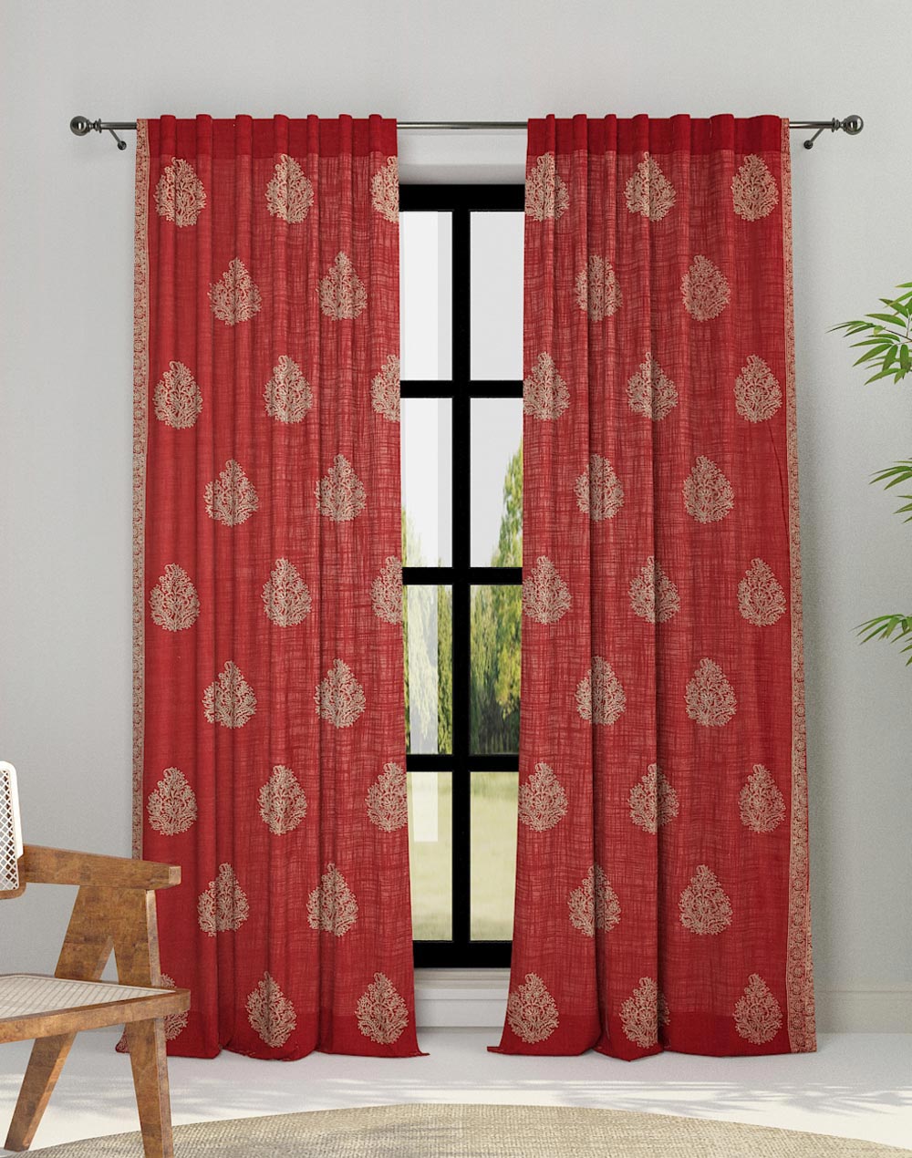 Red Printed Cotton Curtain | 1pc