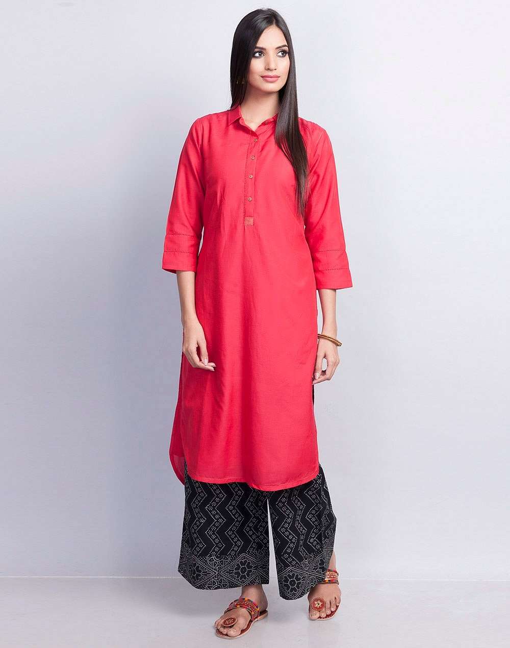 Red Cotton Silk Rounded Hem Long Kurta