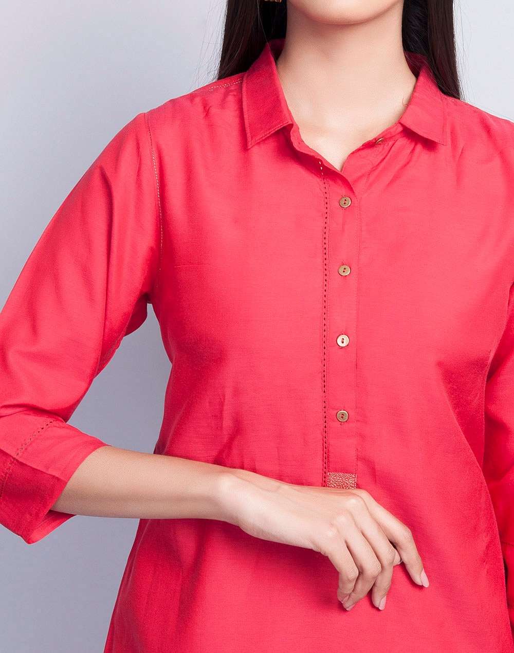 Red Cotton Silk Rounded Hem Long Kurta