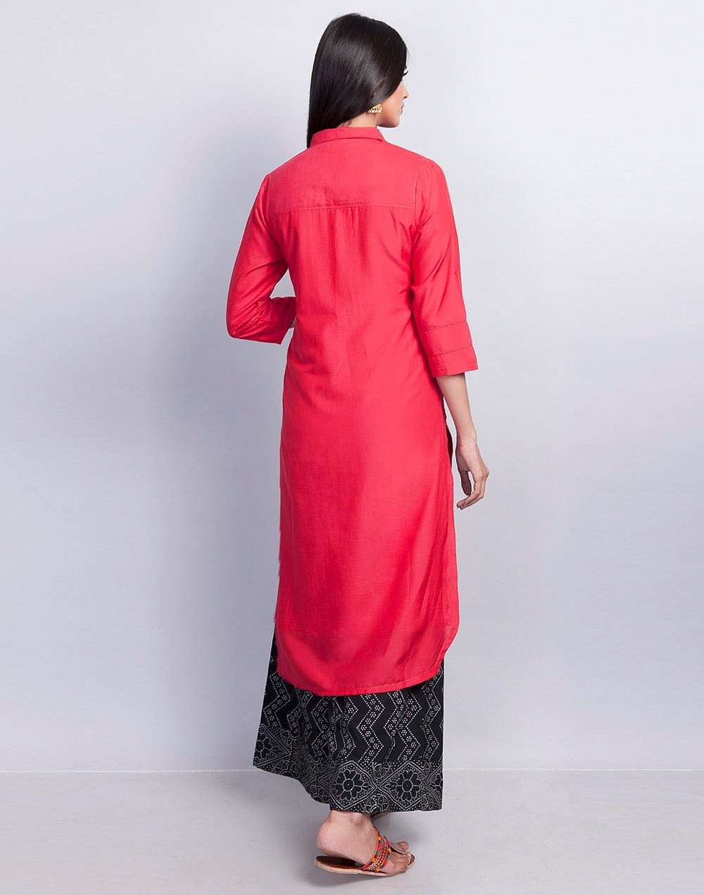 Red Cotton Silk Rounded Hem Long Kurta