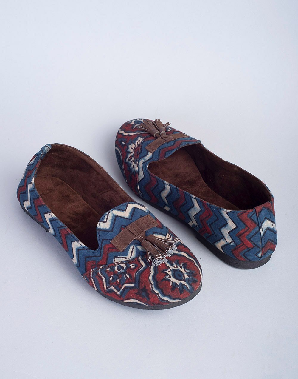 Blue Leather Ajrakh Printed Loafers