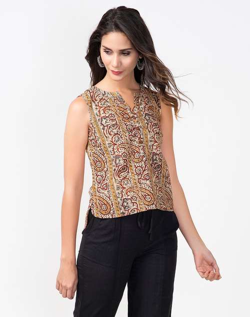 Beige Cotton Kalamkari Print Placket Top Beige Cotton Kalamkari Print Placket Top