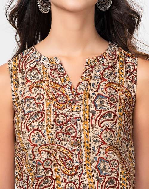 Beige Cotton Kalamkari Print Placket Top Beige Cotton Kalamkari Print Placket Top