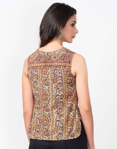 Beige Cotton Kalamkari Print Placket Top Beige Cotton Kalamkari Print Placket Top