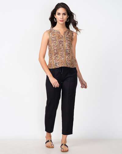 Beige Cotton Kalamkari Print Placket Top Beige Cotton Kalamkari Print Placket Top