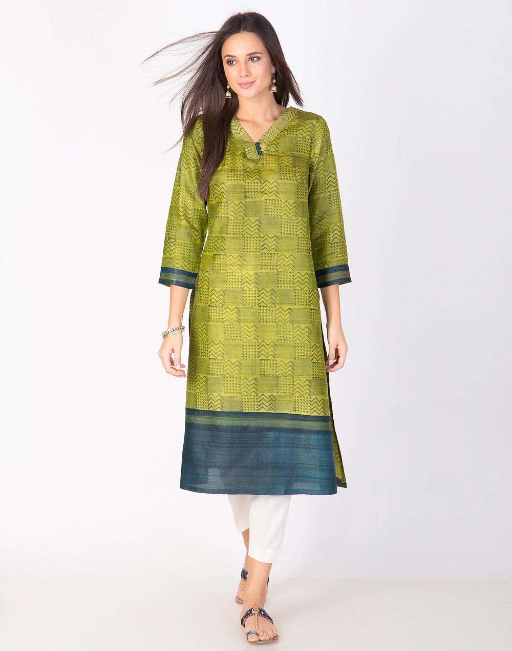 Green Silk Printed Long Kurta