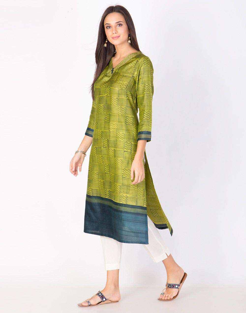 Green Silk Printed Long Kurta