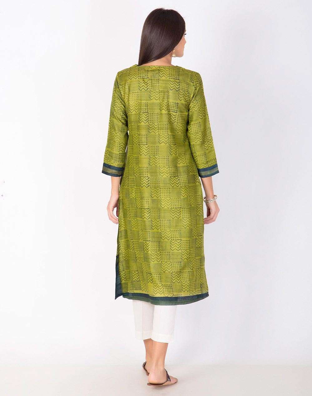 Green Silk Printed Long Kurta