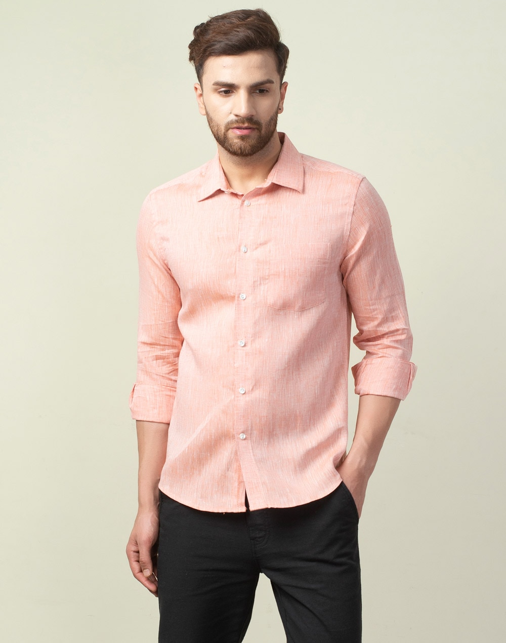 Orange Linen Slim Fit Shirt