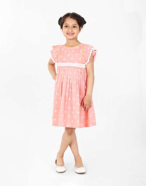 Orange Cotton Printed Frill Sleeves Dress Orange Cotton Printed Frill Sleeves Dress