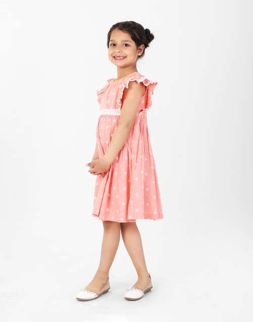 Orange Cotton Printed Frill Sleeves Dress Orange Cotton Printed Frill Sleeves Dress