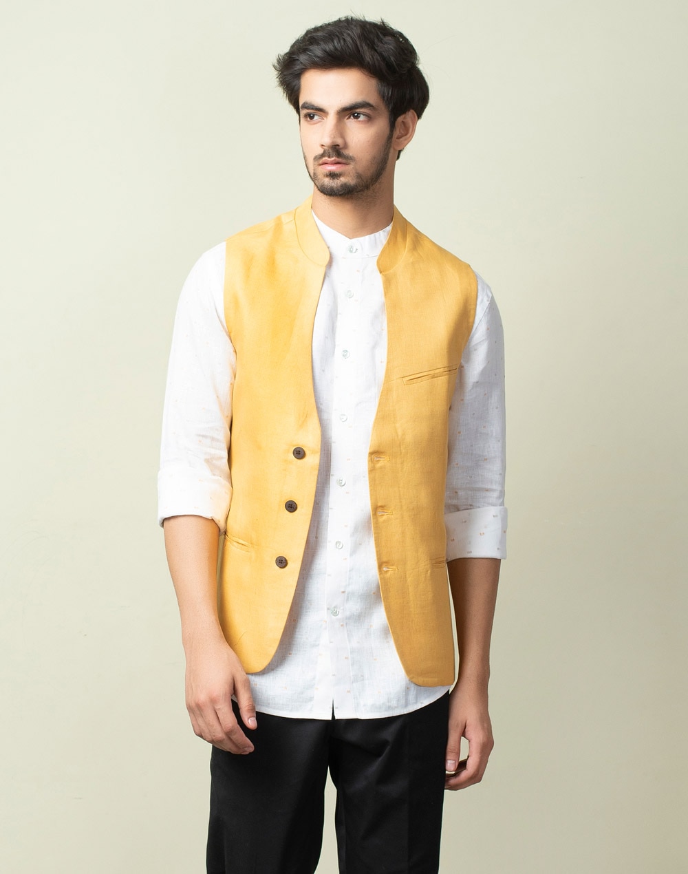 Linen V-Neck Short Nehru Jacket