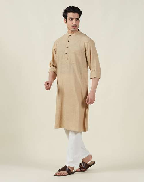 Beige Cotton Comfort Fit Long Kurta Beige Cotton Comfort Fit Long Kurta