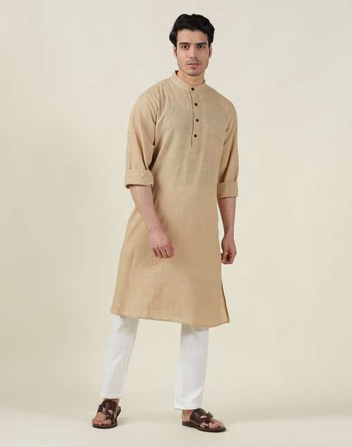 Beige Cotton Comfort Fit Long Kurta Beige Cotton Comfort Fit Long Kurta