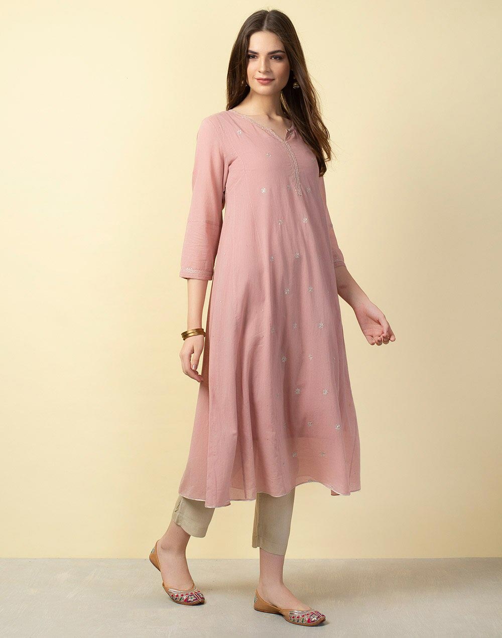Pink Cotton Embroidered Long Kurta Pink Cotton Embroidered Long Kurta