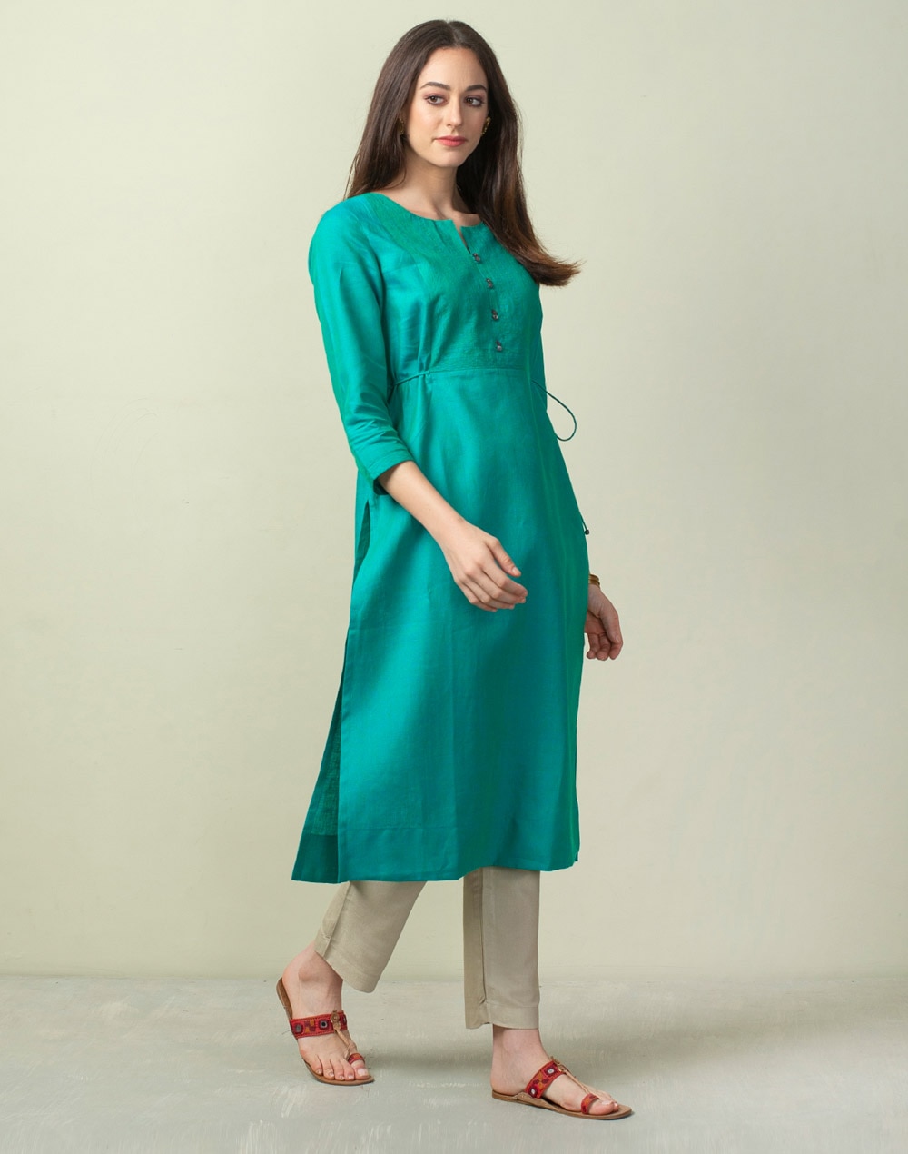 Buy Linen Side Tie Slim Fit Long Kurta for Women Online at Fabindia ...