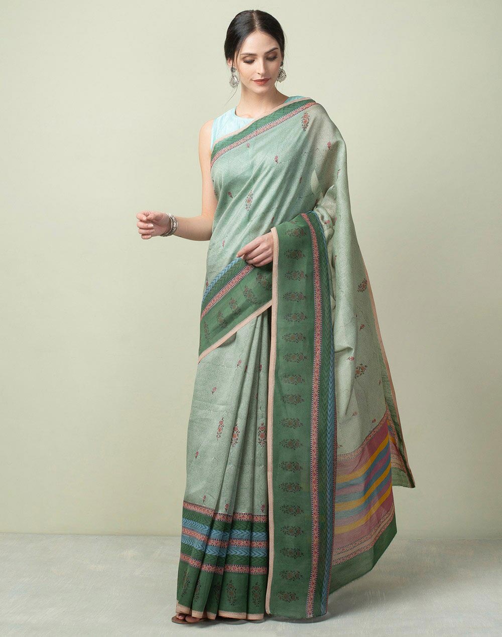 Green Cotton Silk Printed Sari