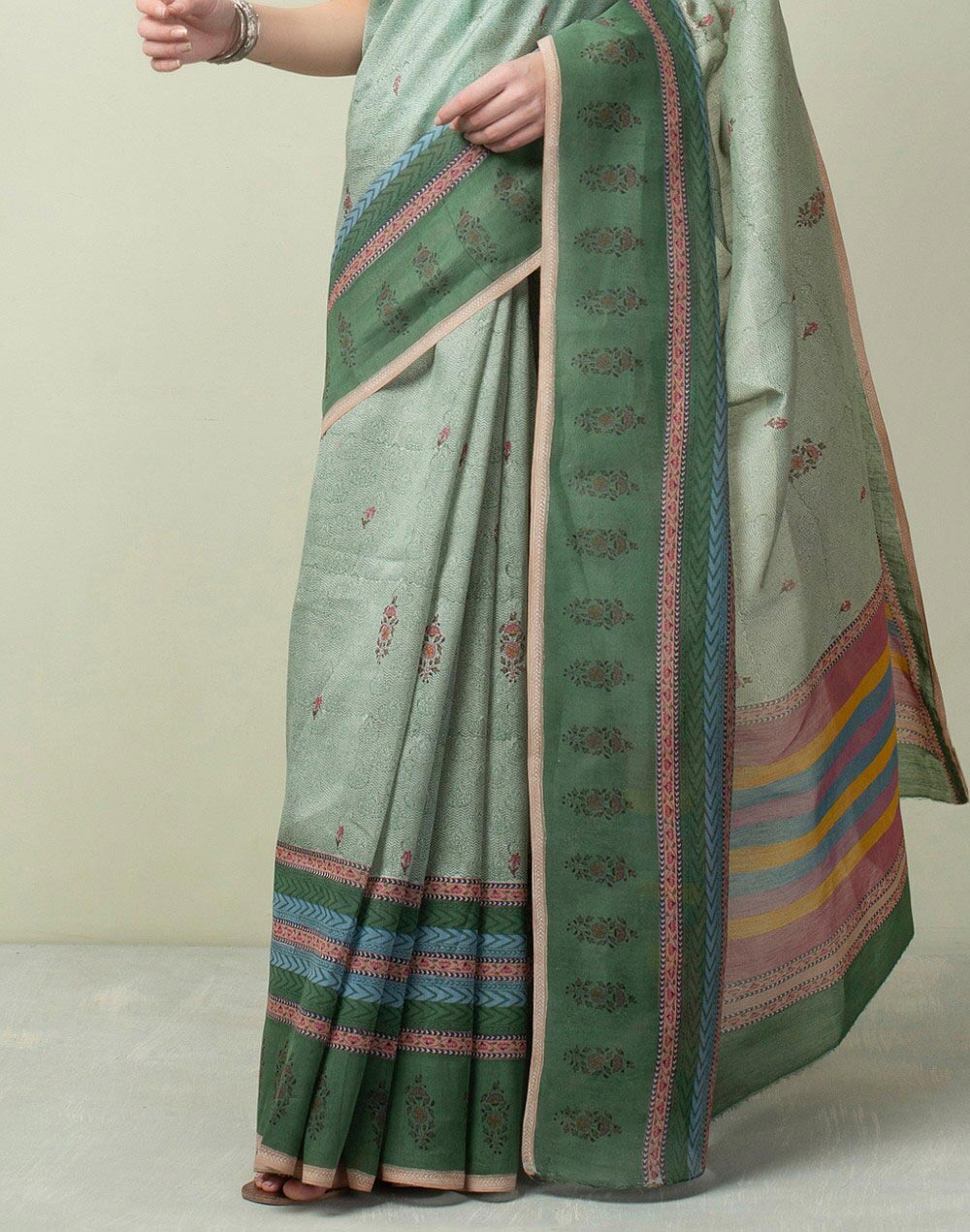 Green Cotton Silk Printed Sari