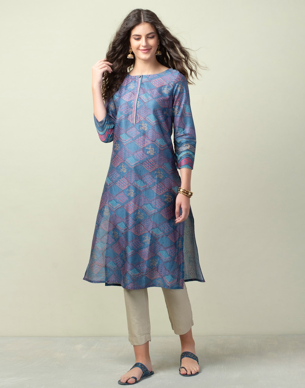 Buy Cotton Silk Printed Long Kurta for Women Online at Fabindia | 10605441