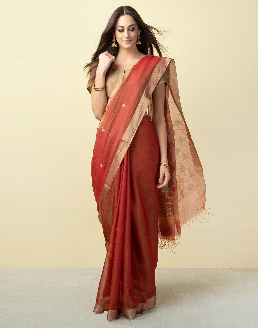 Red Cotton Silk Chanderi Woven Sari