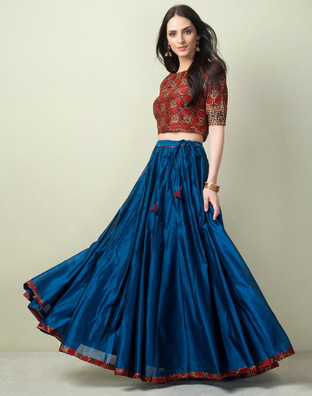 Blue Cotton Silk Printed 2Pc Skirt Set