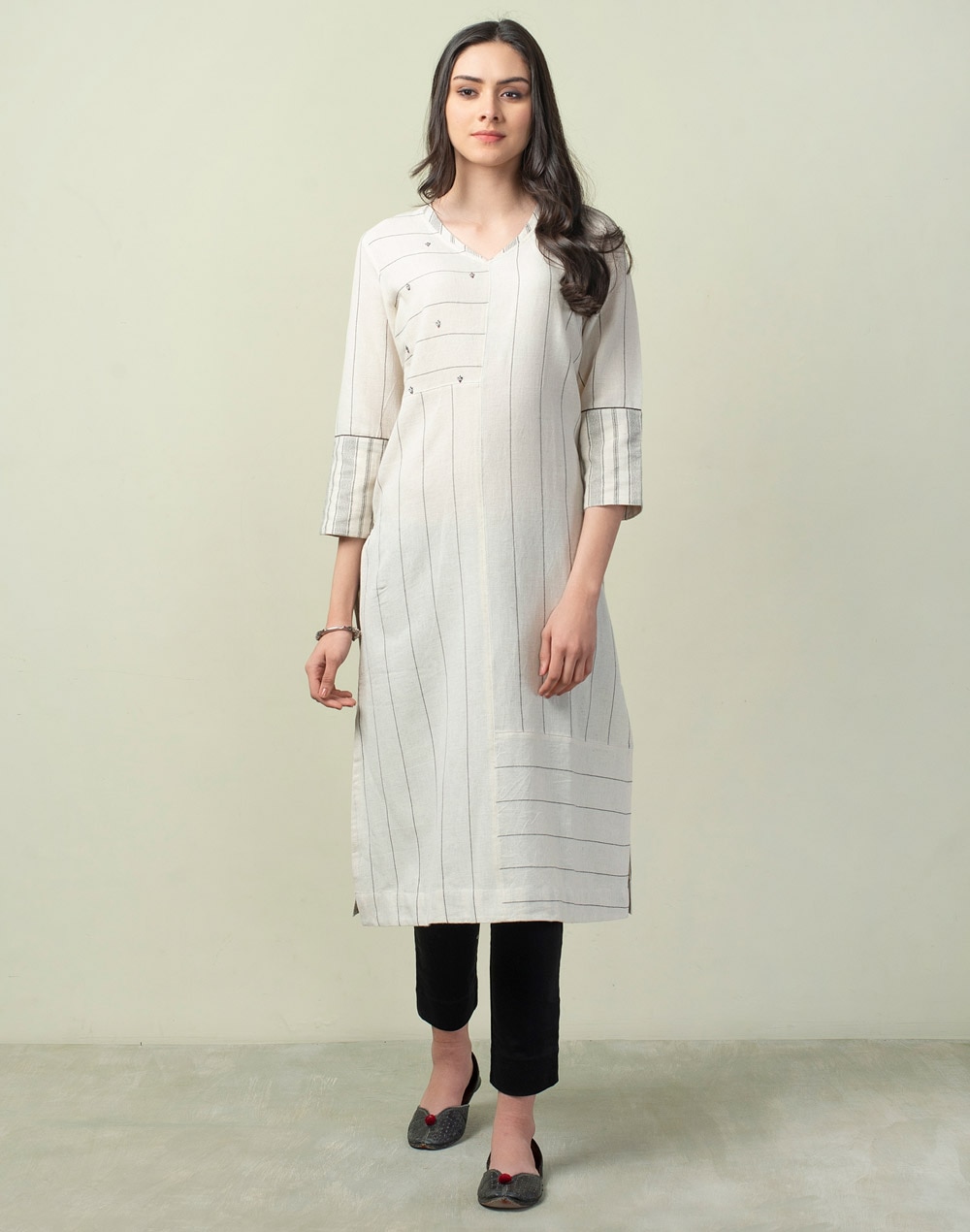 Buy Cotton Linen Striped Long Kurta for Women Online at Fabindia | 10624617