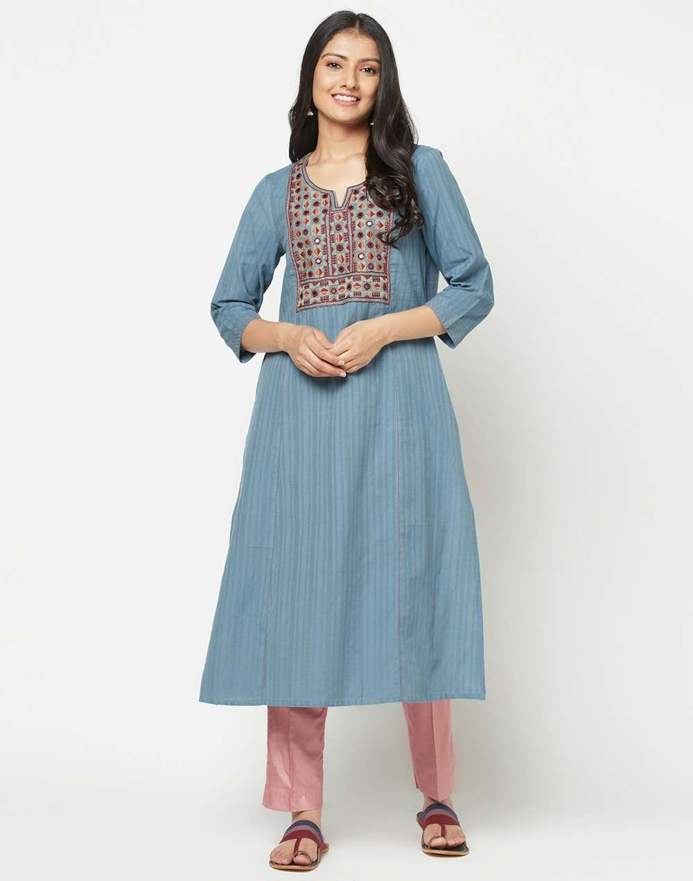 Cotton Embroidered Yoke Long Kurta