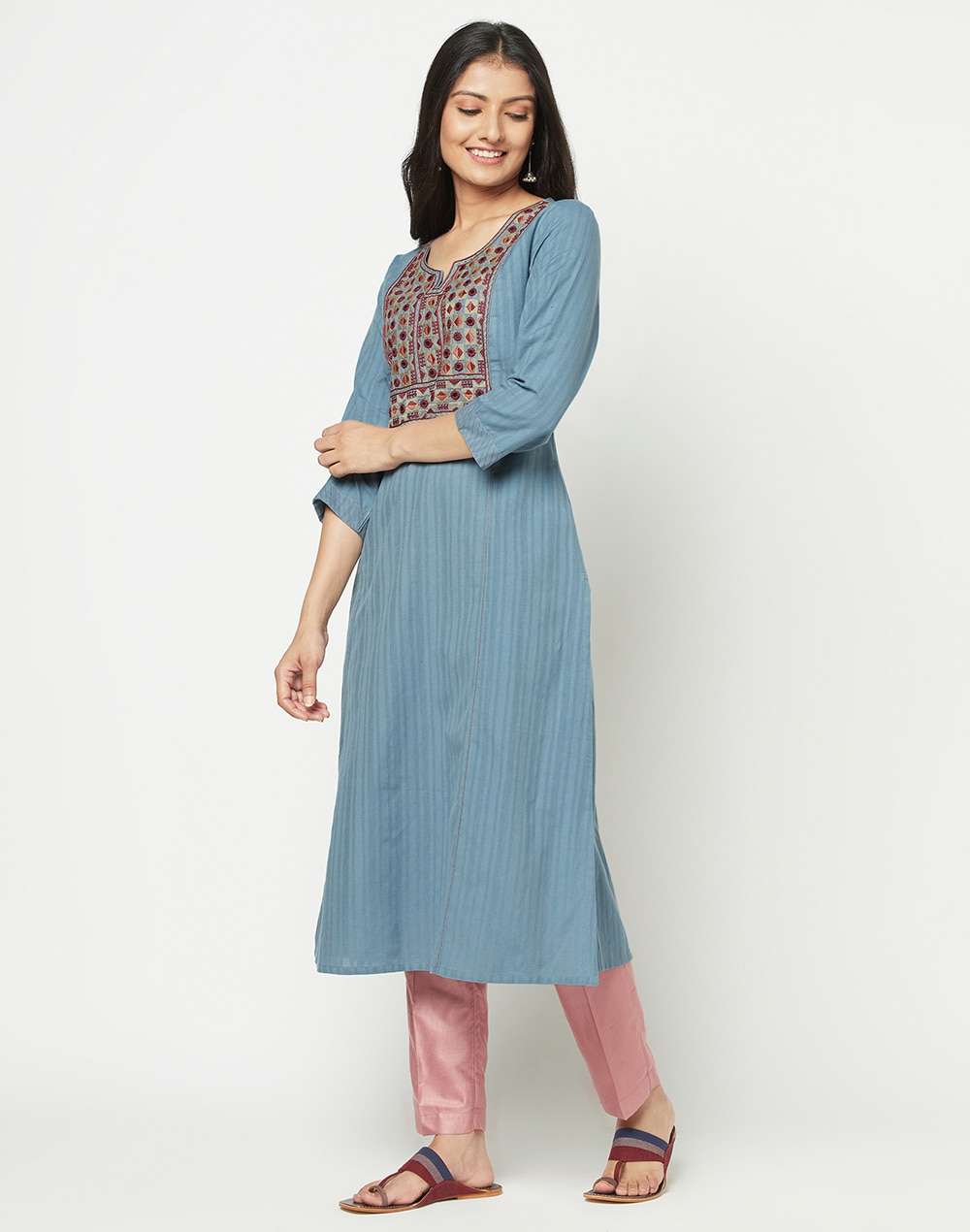 Cotton Embroidered Yoke Long Kurta