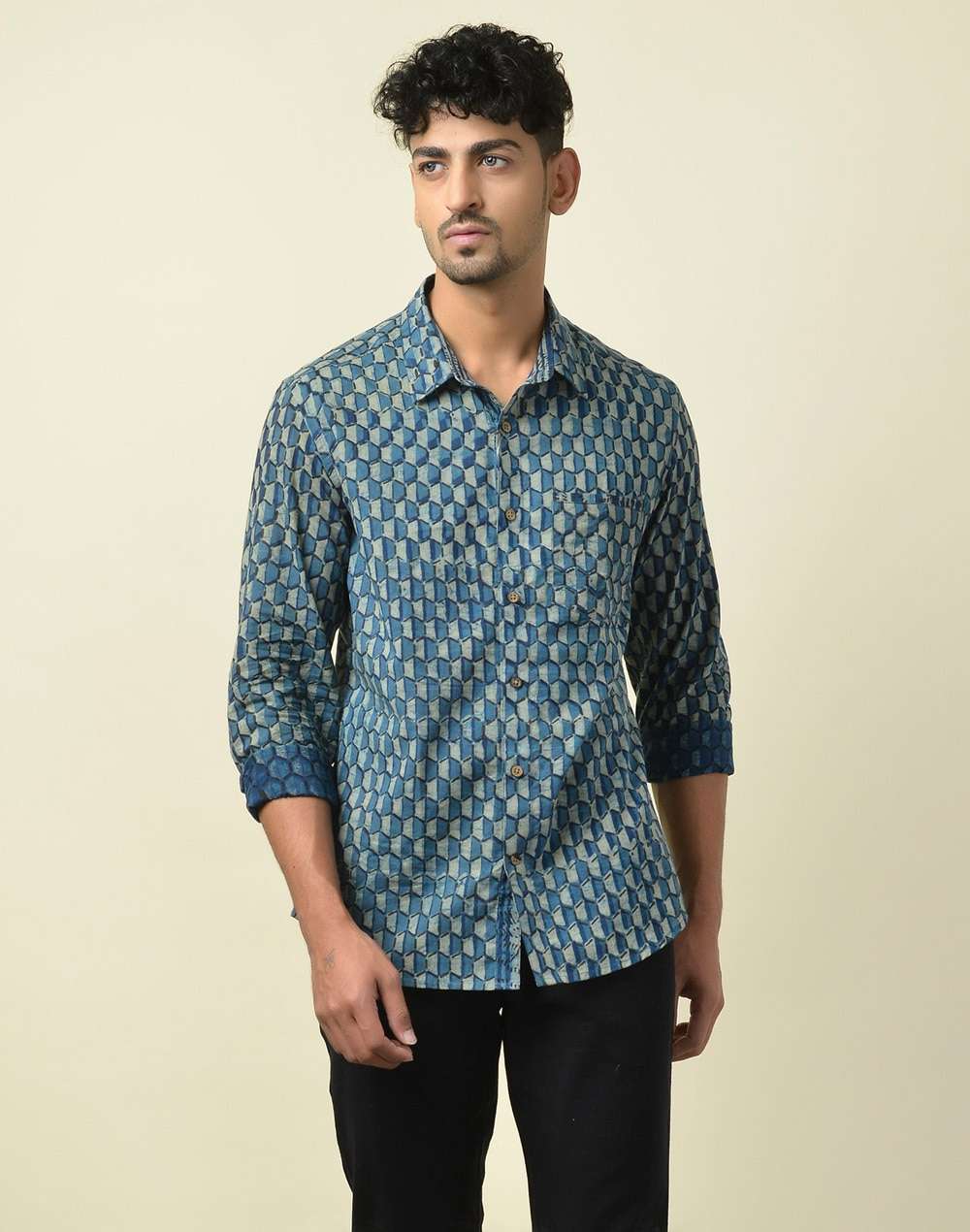 Cotton Block Printed Slim Fit Shirt
