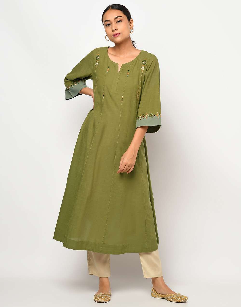 Cotton Slub Embroidered Long Kurta
