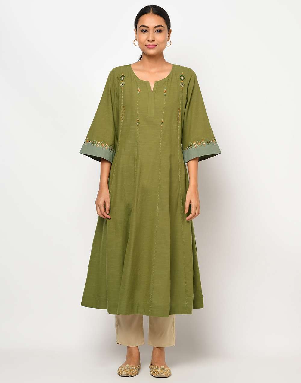 Cotton Slub Embroidered Long Kurta