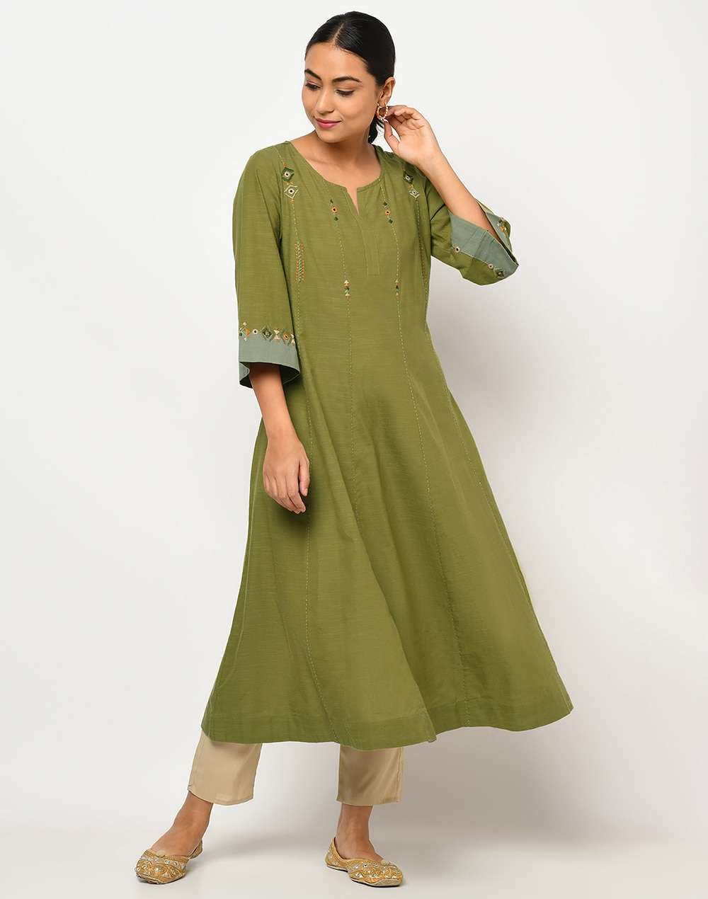 Cotton Slub Embroidered Long Kurta
