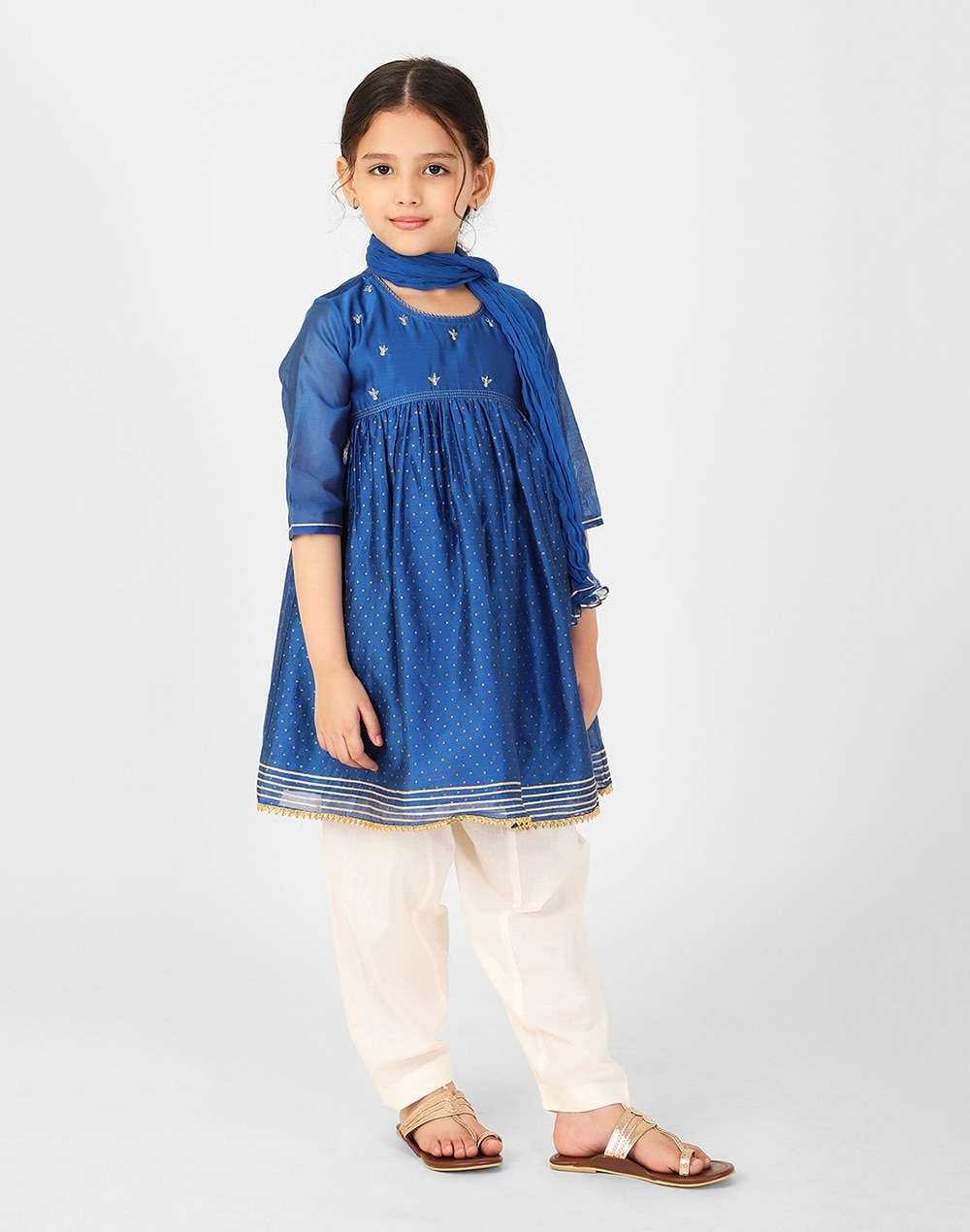 Blue Cotton Silk Hand Block Printed A-line Salwar Set