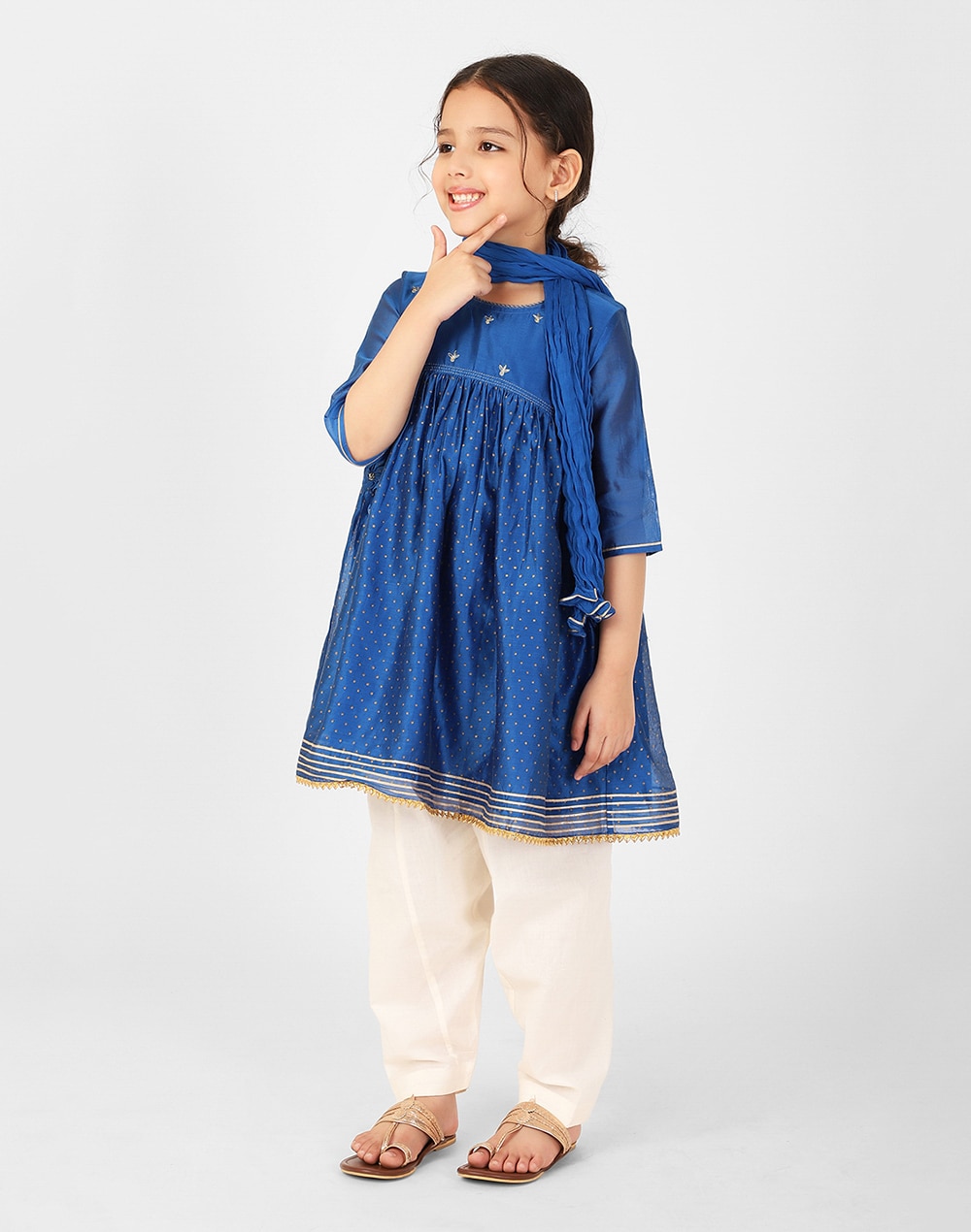 Blue Cotton Silk Hand Block Printed A-line Salwar Set