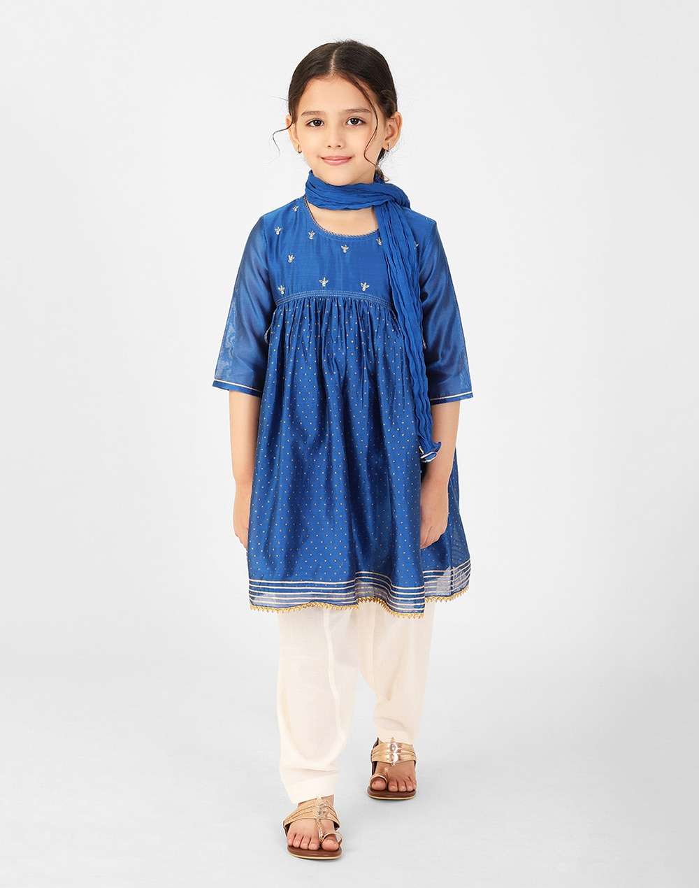 Blue Cotton Silk Hand Block Printed A-line Salwar Set