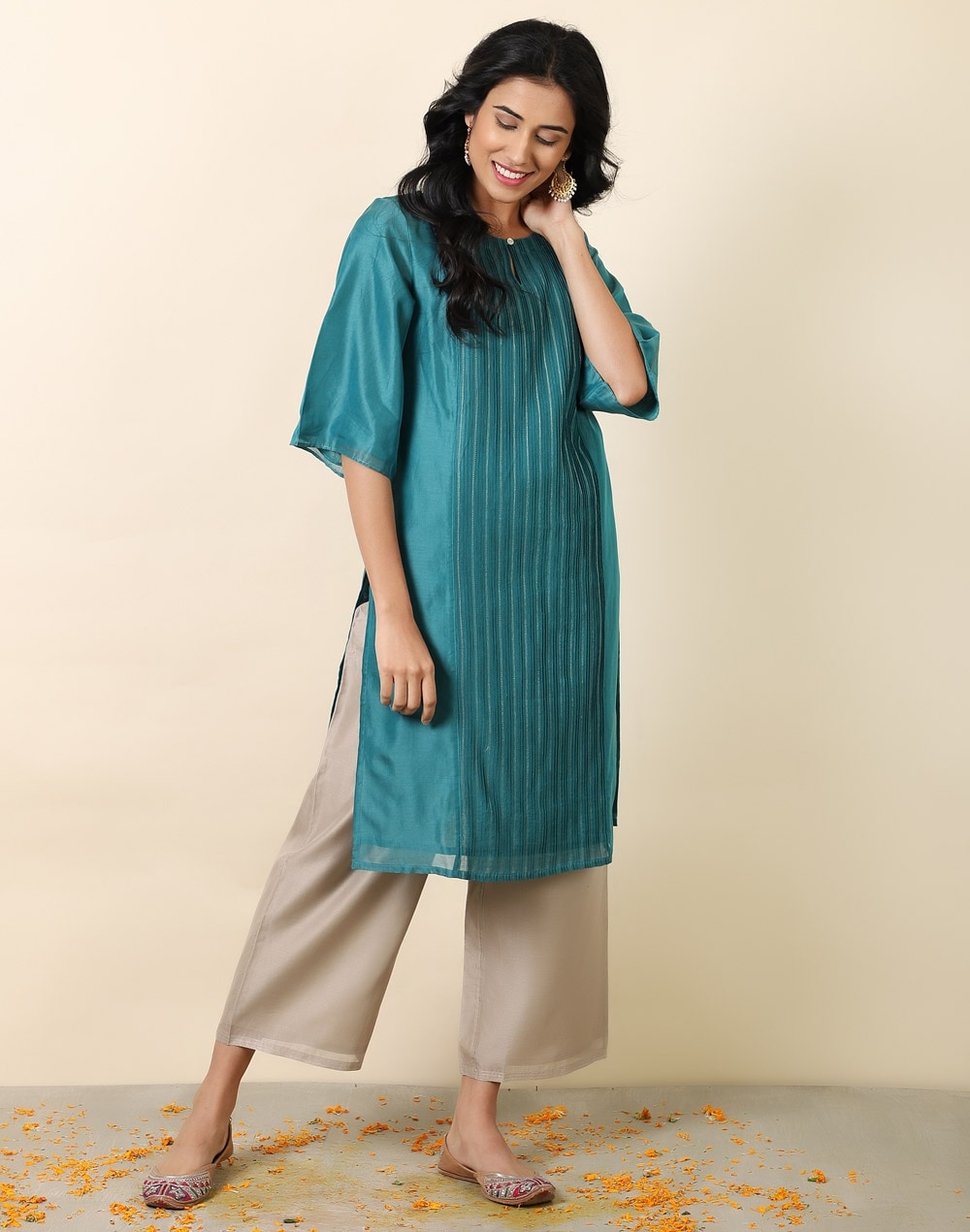 Buy Cotton Silk Pintuck Knee Length Kurta for Women Online at Fabindia ...