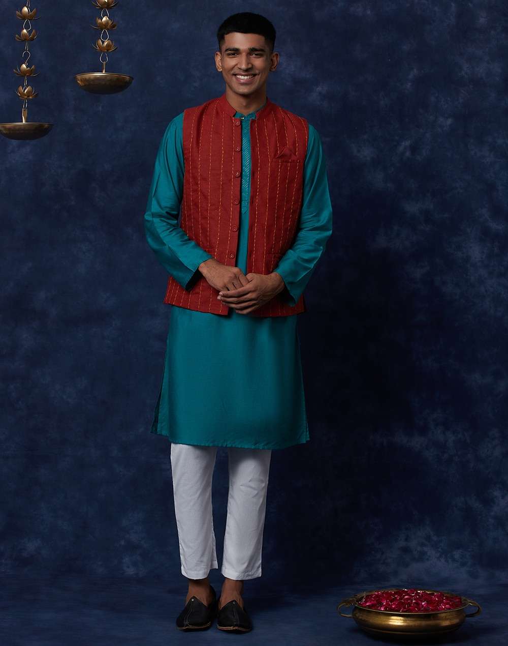 Red Viscose Blend Geometric Nehru Jacket