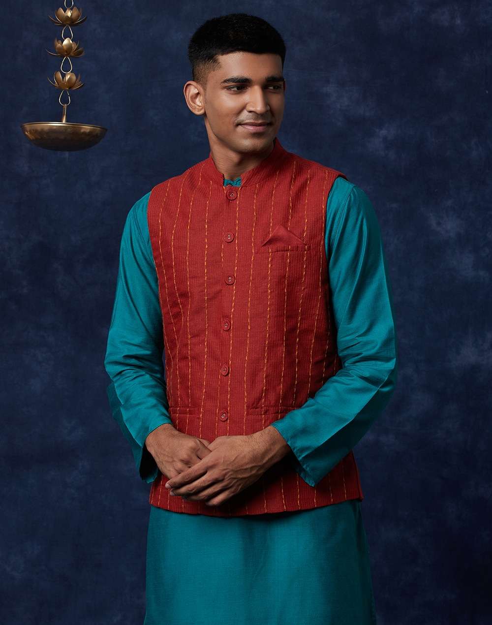 Red Viscose Blend Geometric Nehru Jacket
