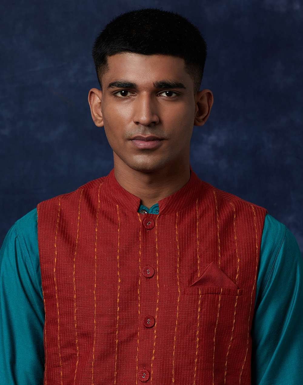 Red Viscose Blend Geometric Nehru Jacket