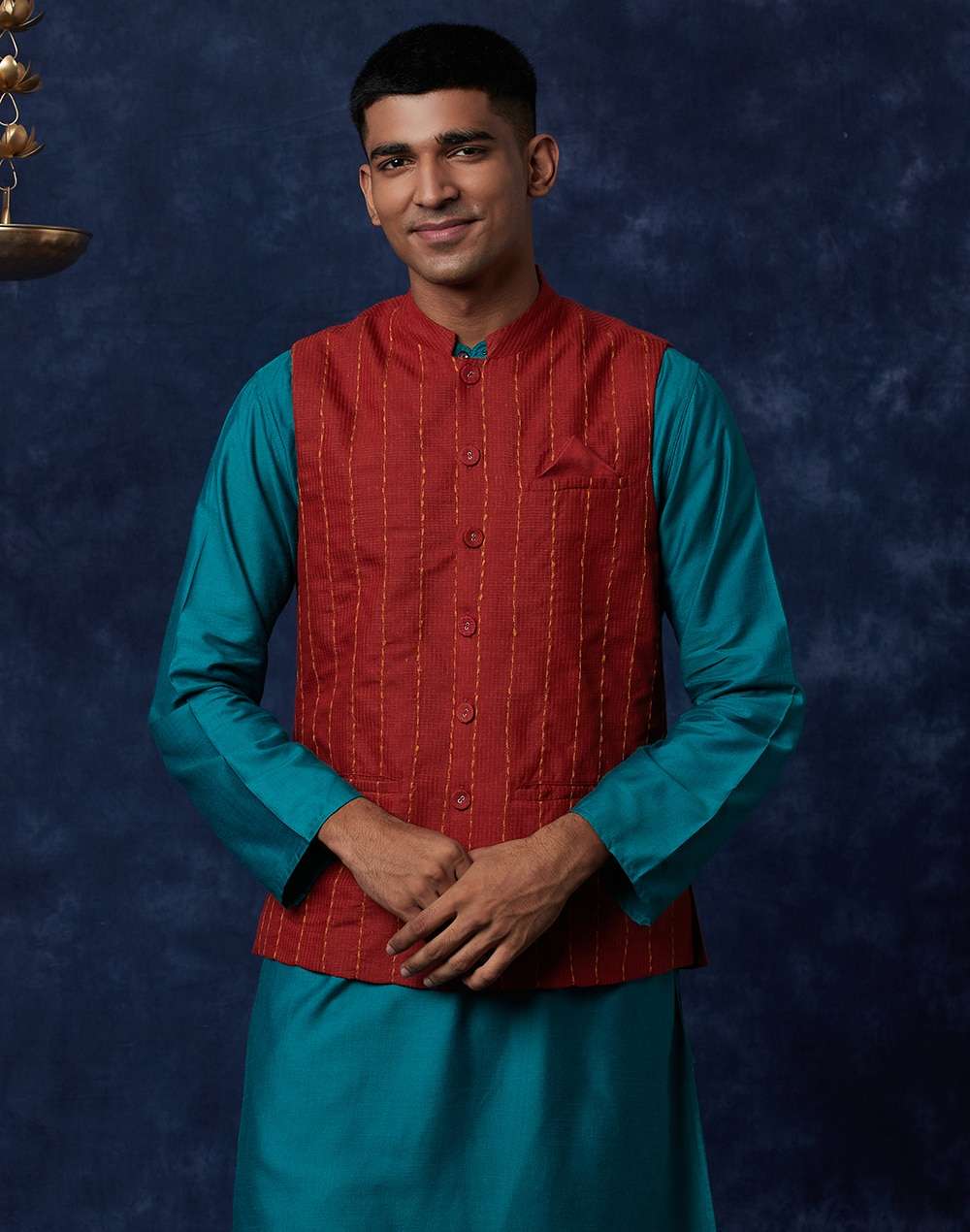 Red Viscose Blend Geometric Nehru Jacket