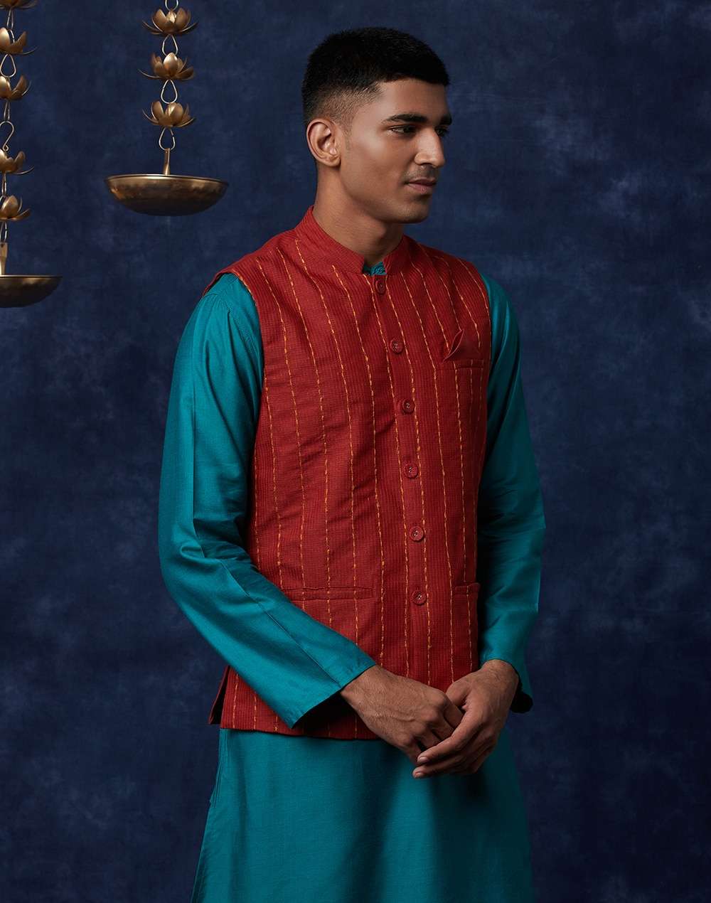 Red Viscose Blend Geometric Nehru Jacket
