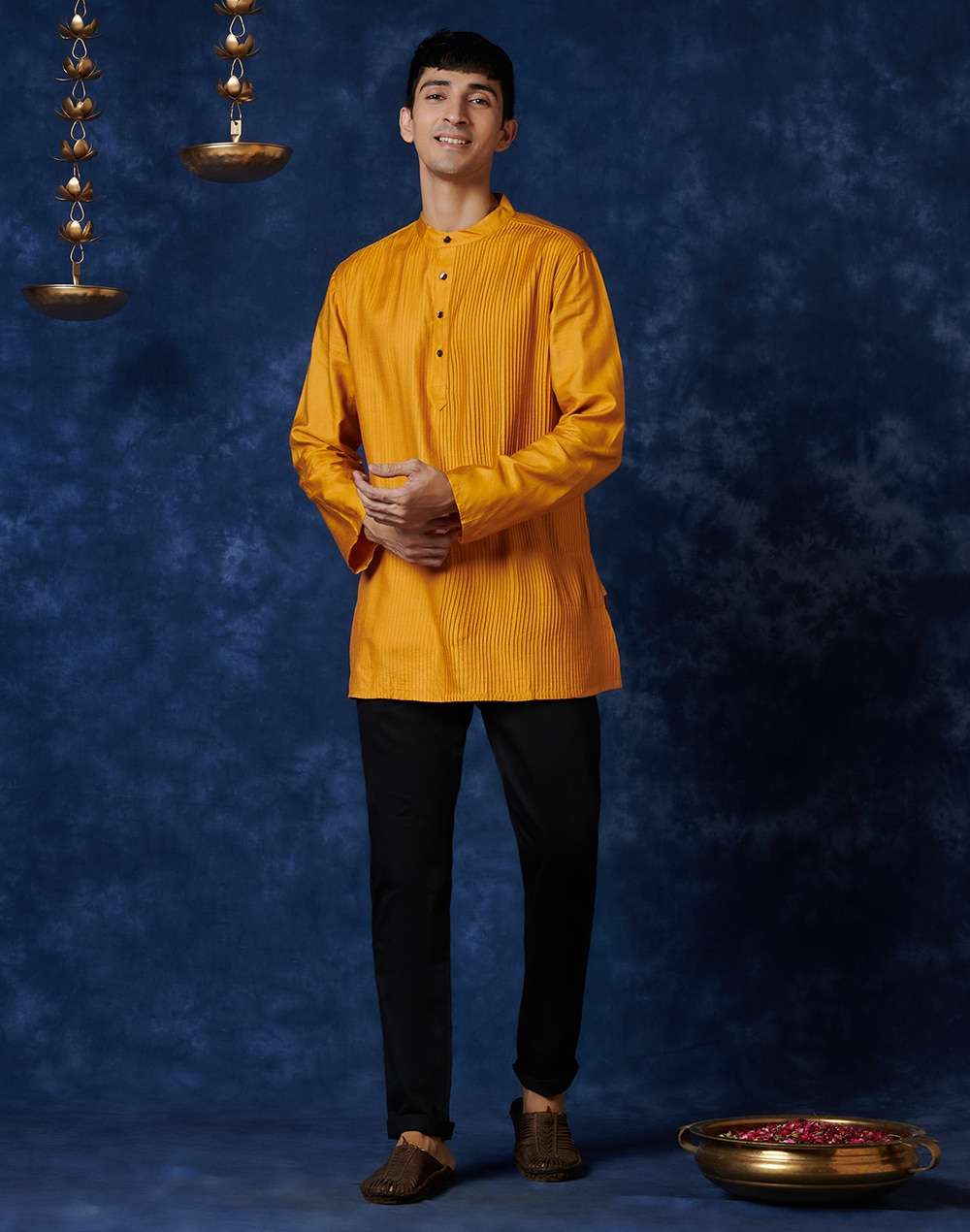 Orange Viscose Silk Pintuck Short Kurta