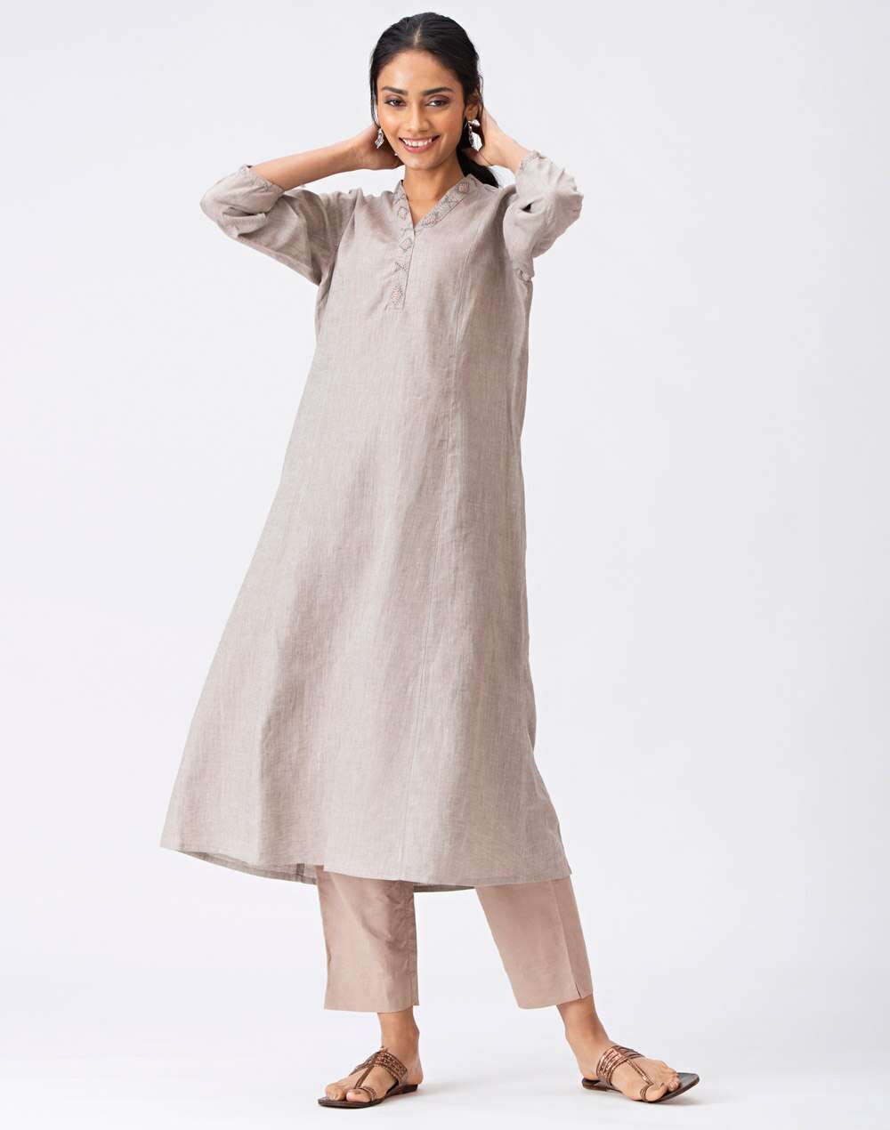 Linen Embroidered Kurta Set
