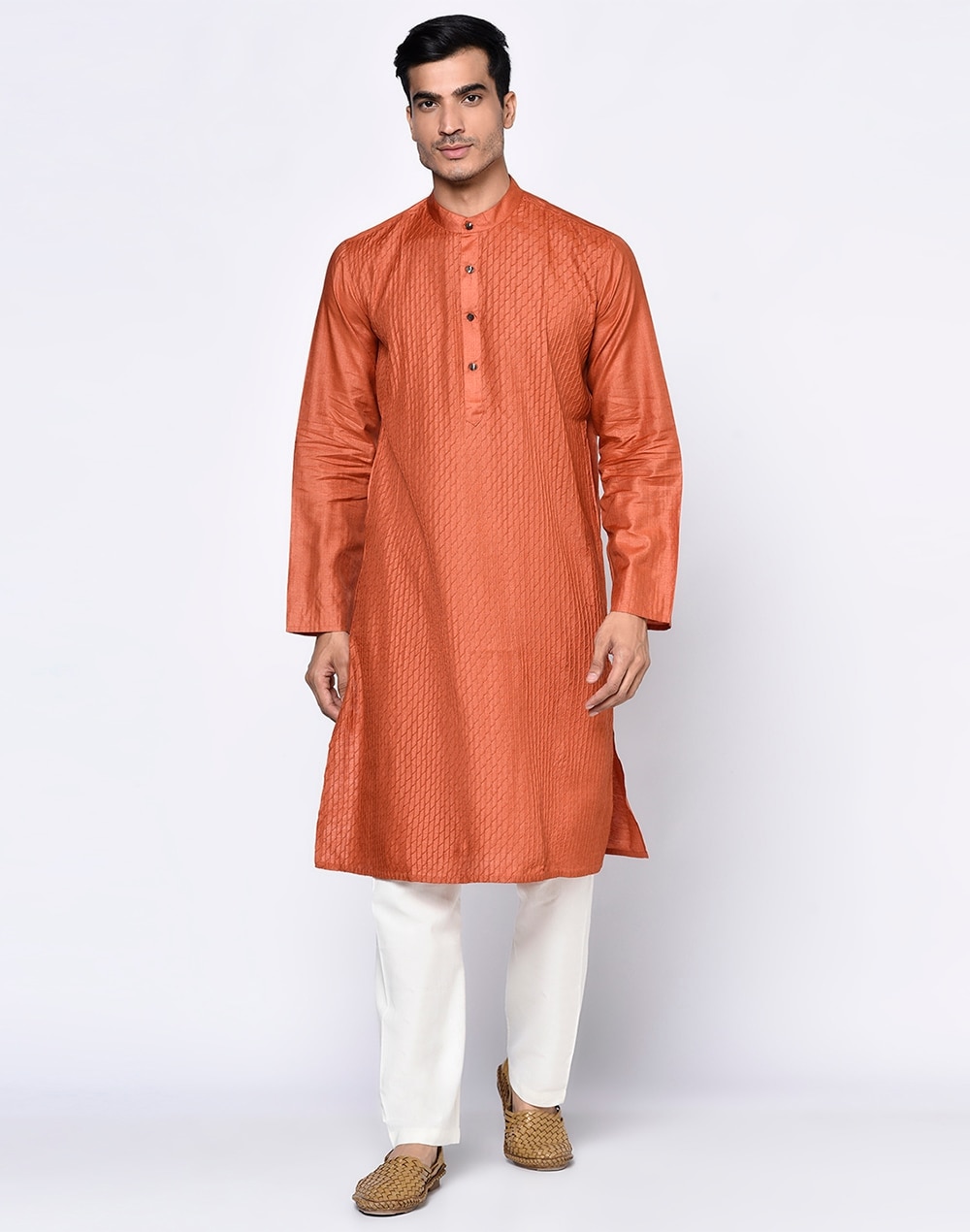 Traditional Indian Men Kurta Shirt Spring Blouse Long Thin Orange