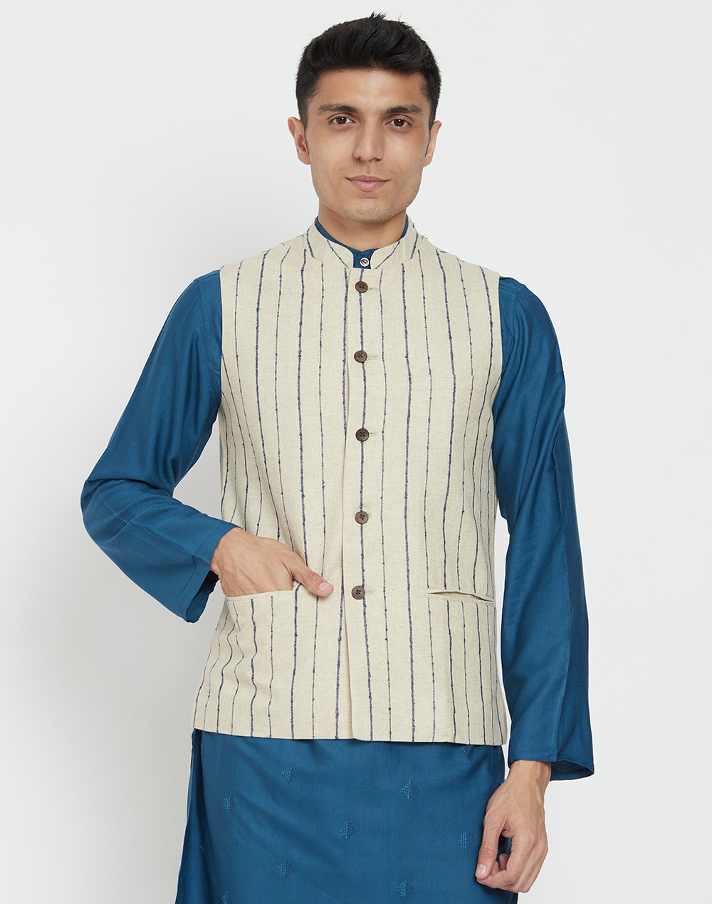 Linen Cotton Striped Nehru Jacket
