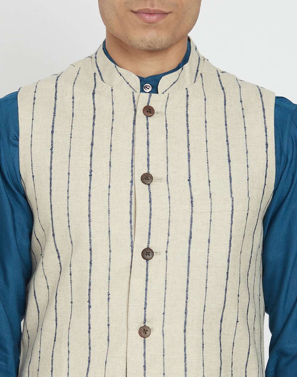 Linen Cotton Striped Nehru Jacket