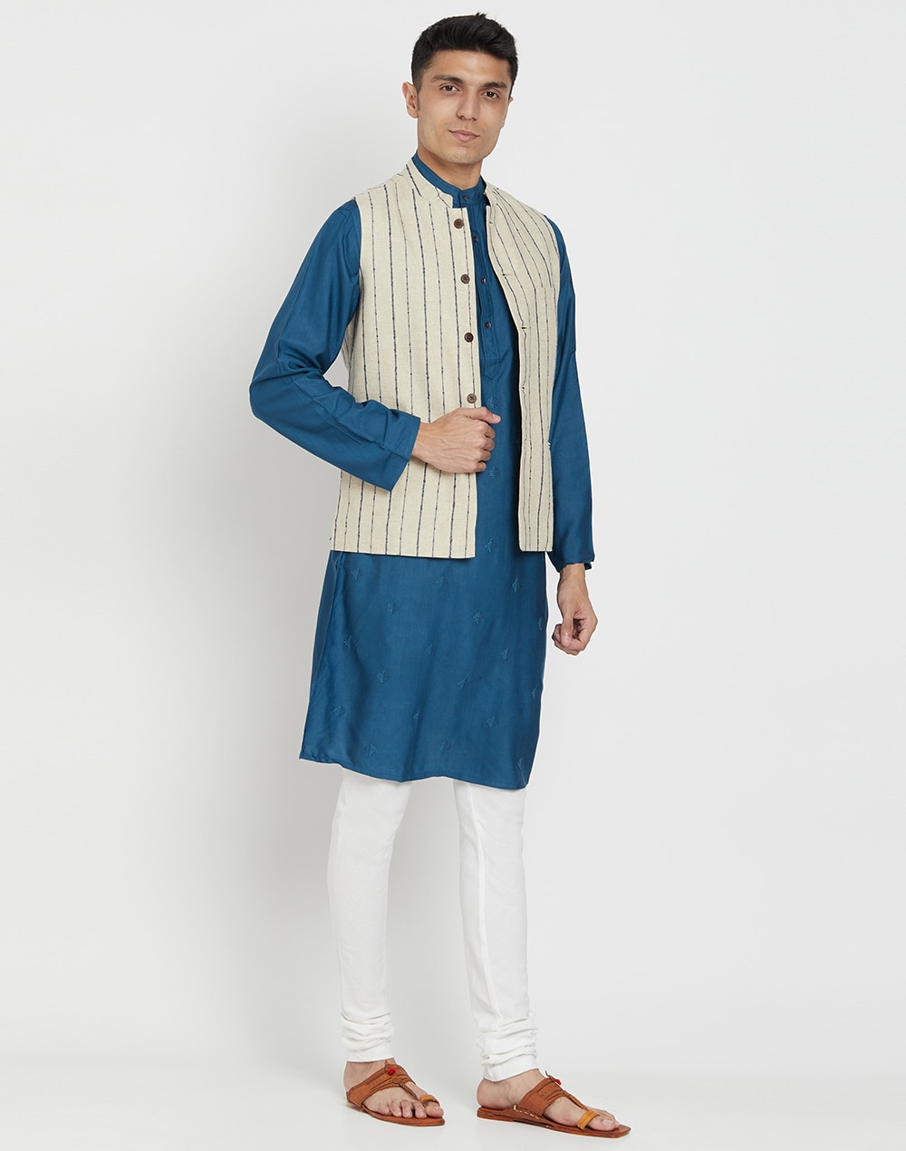 Linen Cotton Striped Nehru Jacket