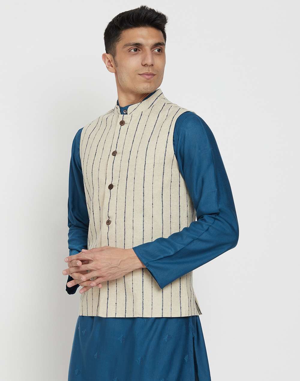 Linen Cotton Striped Nehru Jacket