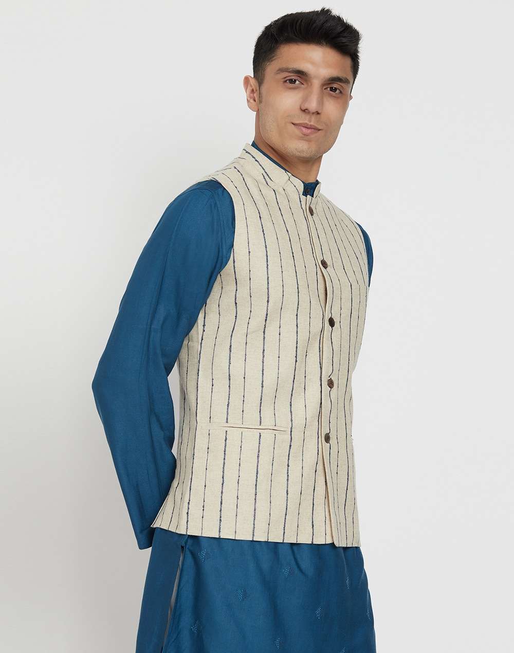 Linen Cotton Striped Nehru Jacket