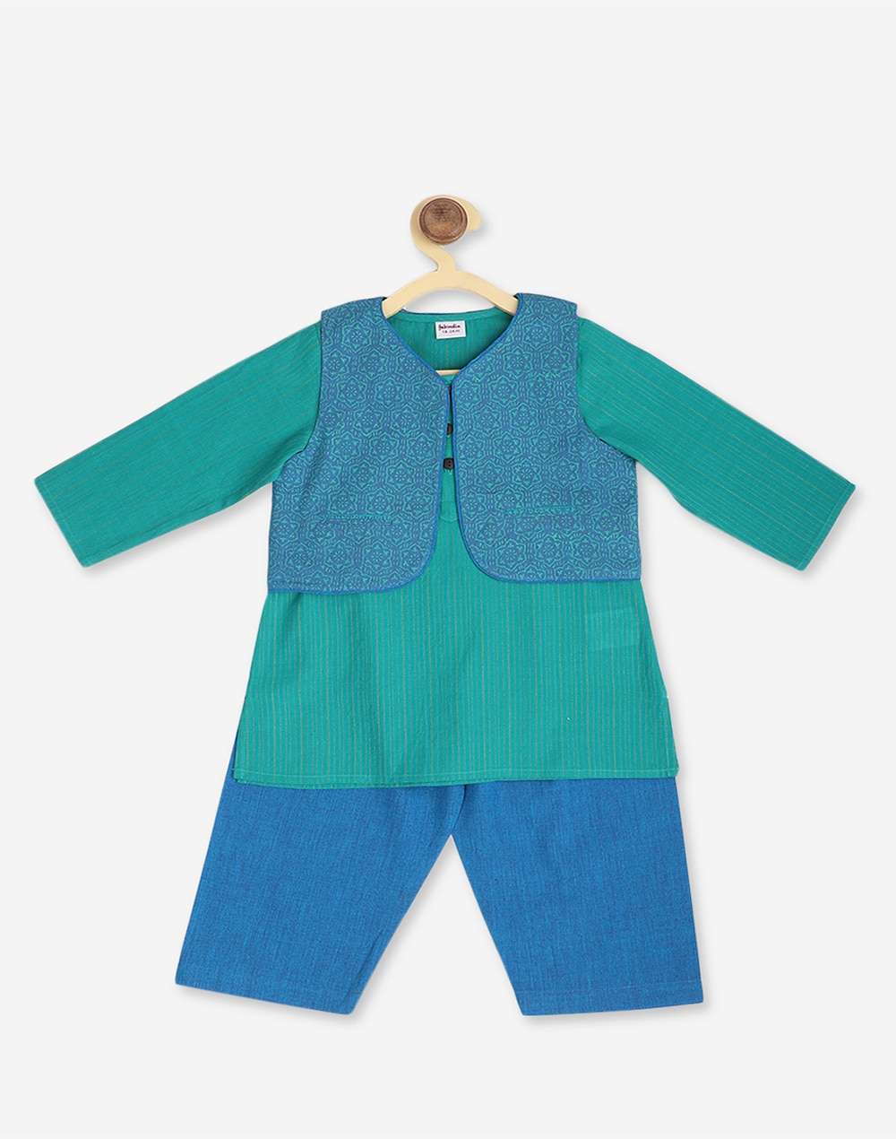 Navy Cotton Hand Block Printed Jacket Kurta Set